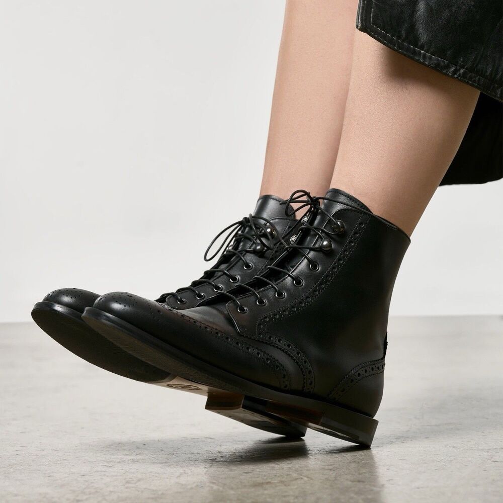 Scarosso Stefania Black Calfskin Ankle Boots Wingtip Brogue Lace Up Italy 38.5